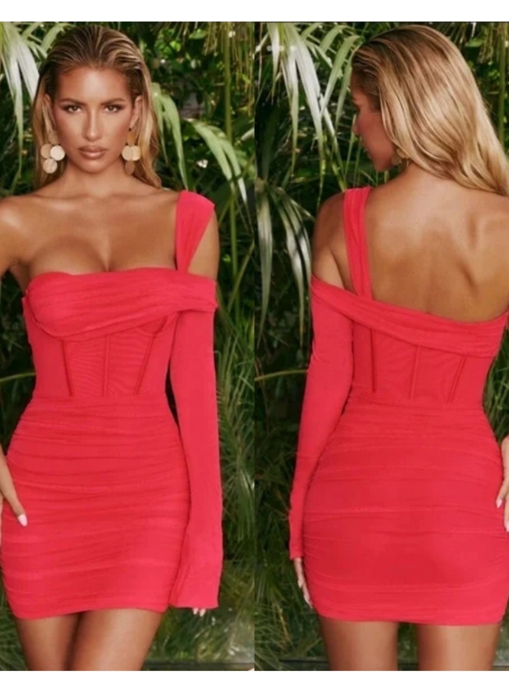 Oh Polly One For You Mesh Asymmetric Off Shoulder Mini Dress in Pink Bustier - Picture 2 of 9